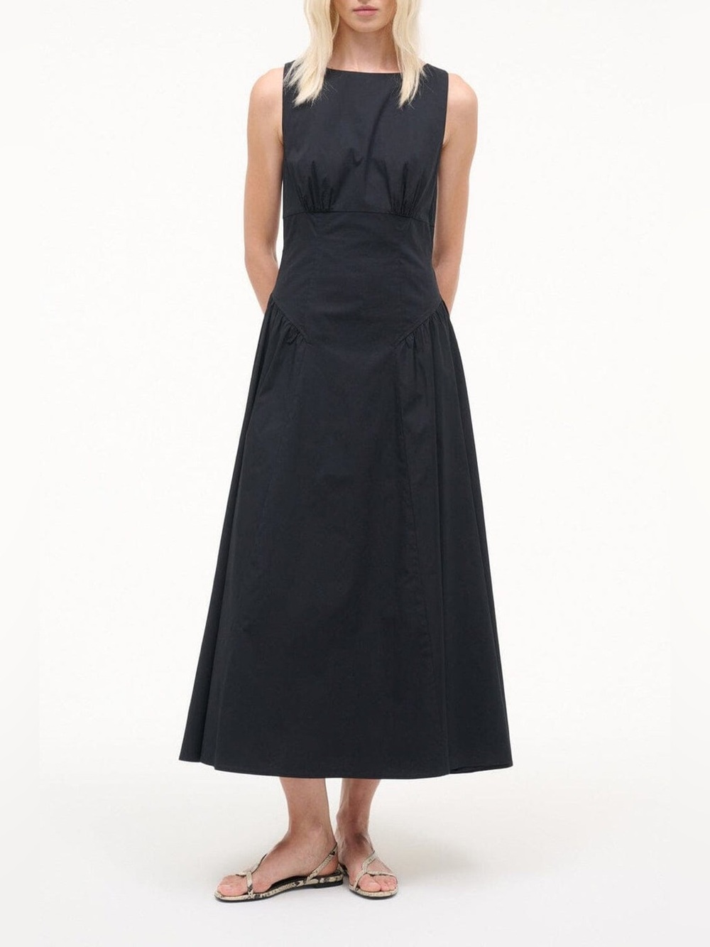 STAUD Black Gwen Sleeveless A-Line Midi Dress